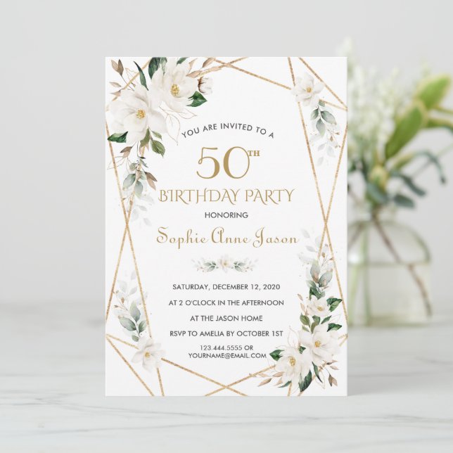 Invitación Magnolia Blanca Flores Oro 50 cumpleaños (Anverso de pie)