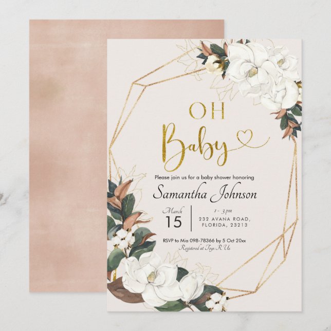 Invitación Magnolia blanca geométrica Oh Baby Baby Shower (Anverso / Reverso)