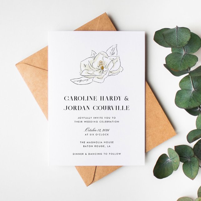 Invitación Magnolia blanca Ilustracion Boda mínimo moderno (Elegant Southern-inspired white magnolia illustration wedding invitation.)
