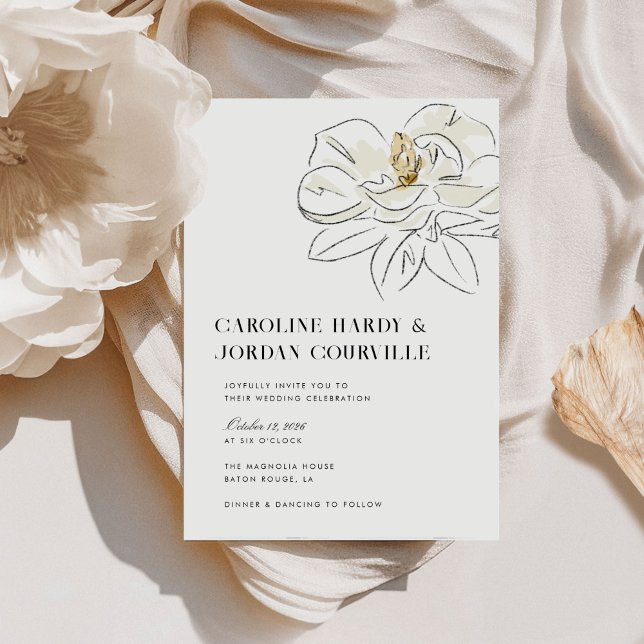 Invitación Magnolia blanca Ilustracion Boda mínimo moderno (Elegant Southern-inspired white magnolia illustration wedding invitations.)