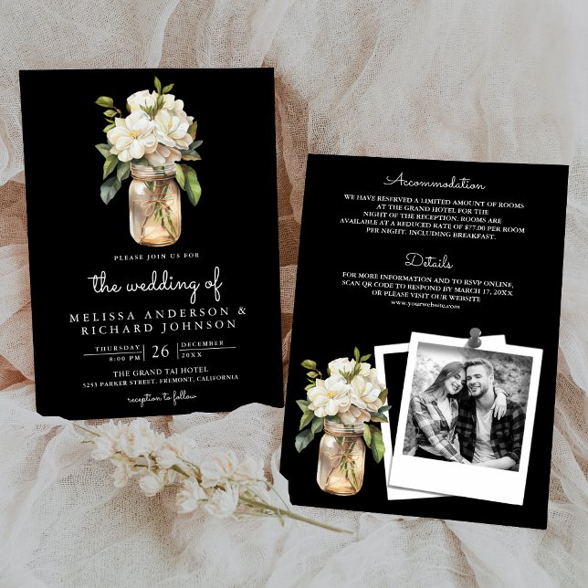 Invitación Magnolia blanca Mason Jar Black All in One Boda (Subido por el creador)
