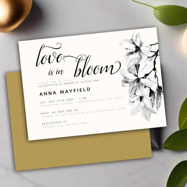 Invitación Magnolia blanca negra moderna en una novia en flor (Subido por el creador)