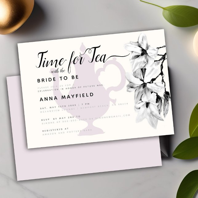 Invitación Magnolia blanca negra moderna para la novia del té (Subido por el creador)