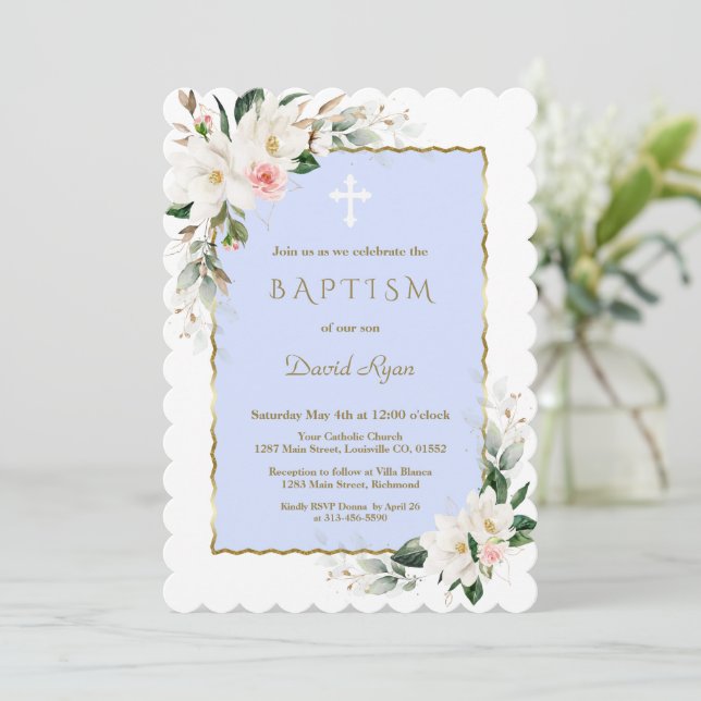 Invitación Magnolia Blanca Oro Rosa Floral Niño Baptismo Azul (Anverso de pie)