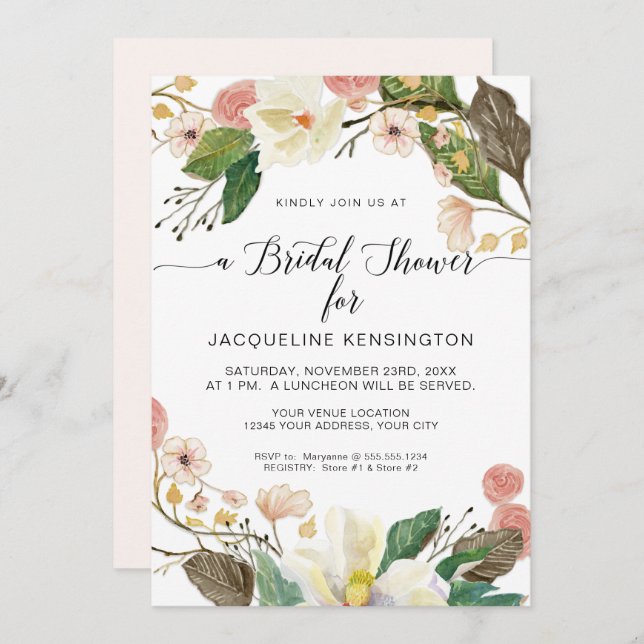 Invitación Magnolia blanca Rubor Pink Floral Twig n Foliage (Anverso / Reverso)