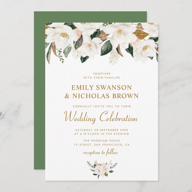 Invitación magnolia blanca y boda floral rosa (Anverso / Reverso)