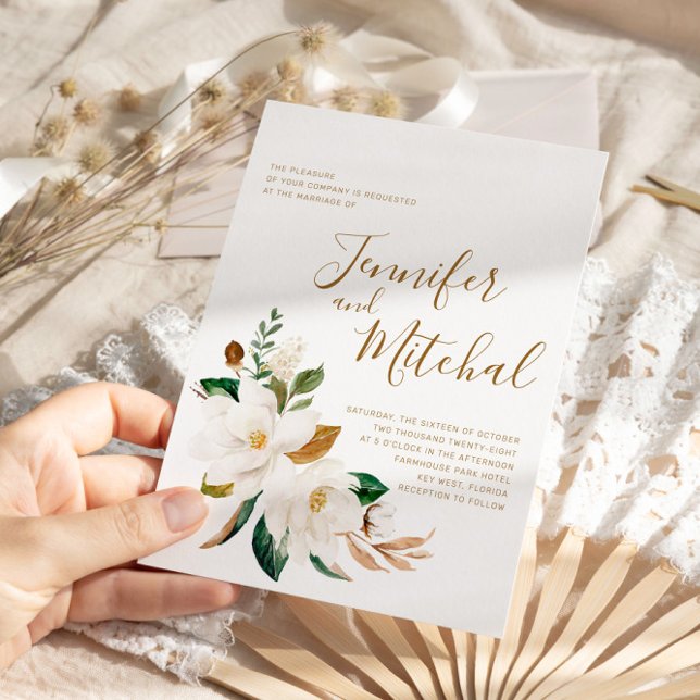 Invitación Magnolia blanca y Boda Mínimo Floral Oro (Subido por el creador)