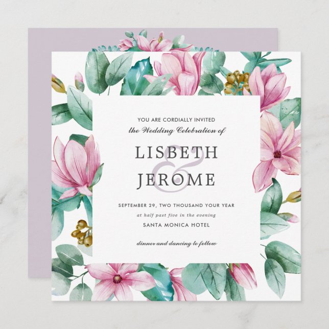 Invitación Magnolia Bloom | Todo en un Boda botánico (Anverso / Reverso)