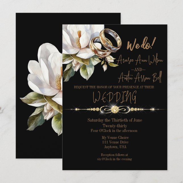 Invitación Magnolia Boda Anillos Oro y Boda Negro (Anverso / Reverso)