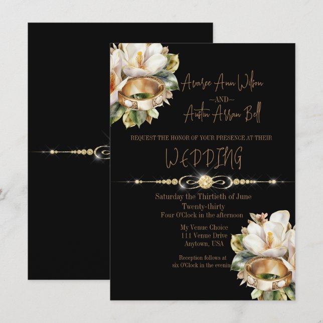 Invitación Magnolia Boda Anillos Oro y Boda Negro (Anverso / Reverso)