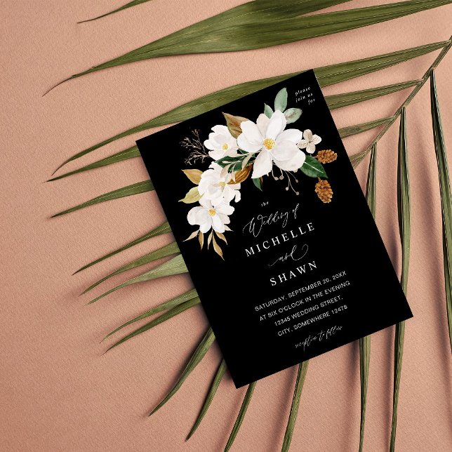 Invitación Magnolia Boda floral blanco - negro (Subido por el creador)