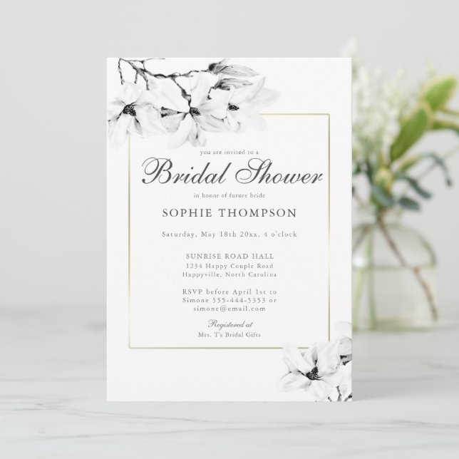 Invitación Magnolia Bridal Elegante Moderno De Oro Clásico (Anverso de pie)