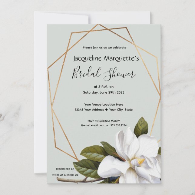 Invitación Magnolia Bridal Shower con oro y sabio (Anverso)