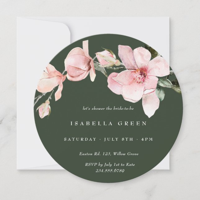 Invitación Magnolia Bridal Watercolor Verde Clásico (Anverso)