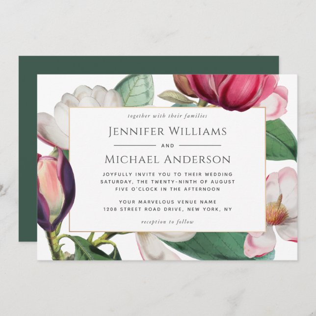 Invitación Magnolia Colorida Florencia Elegante Boda Floral (Anverso / Reverso)