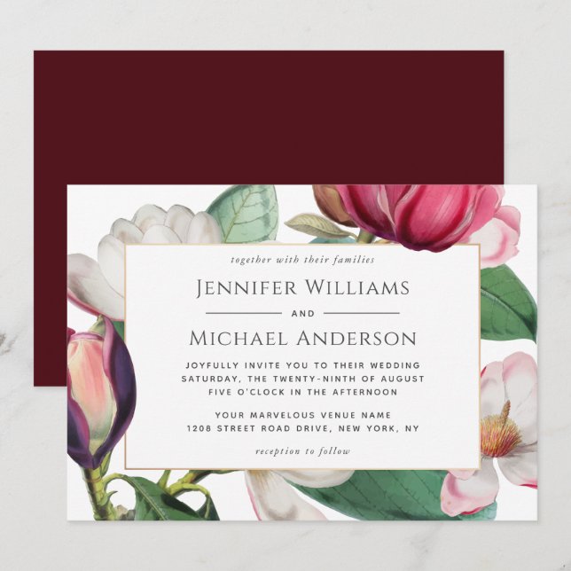 Invitación Magnolia Colorida Florencia Elegante Boda Floral (Anverso / Reverso)