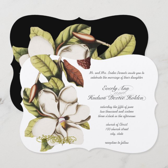 Invitación Magnolia Copper, Rosa profunda y floral verde (Anverso / Reverso)