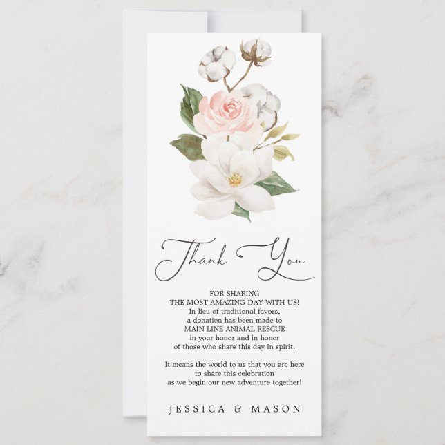 Invitación Magnolia Cotton Boda Menú y gracias doble (Reverso)