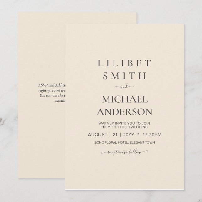 Invitación Magnolia Cream Tipografía Boda moderna (Anverso / Reverso)