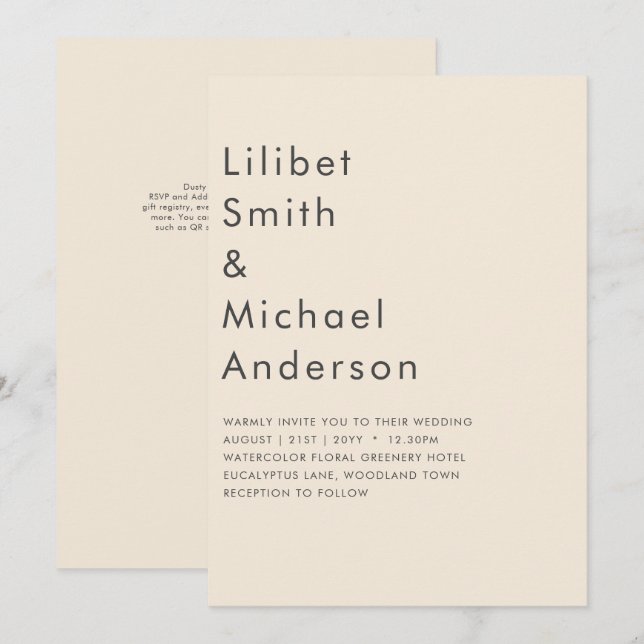 Invitación Magnolia Cream Tipografía Boda moderna (Anverso / Reverso)