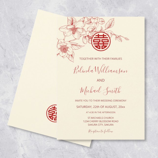 Invitación Magnolia Crema Roja Boda chino (Subido por el creador)