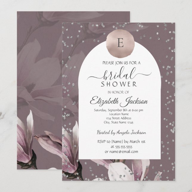 Invitación Magnolia Diamonds Monograma Bridal Shower (Anverso / Reverso)
