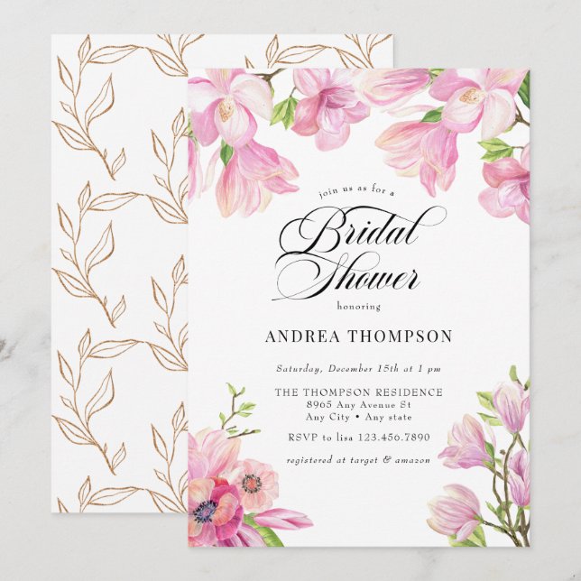 Invitación Magnolia | Ducha de novia floral rosa (Anverso / Reverso)