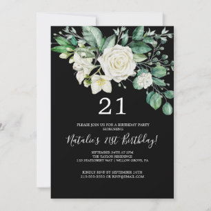 Invitación Magnolia elegante   21º cumpleaños negro y blanco