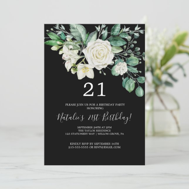 Invitación Magnolia elegante | 21º cumpleaños negro y blanco (Anverso de pie)