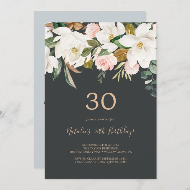 Invitación Magnolia elegante | 30 Aniversario de los blancos  (Anverso / Reverso)