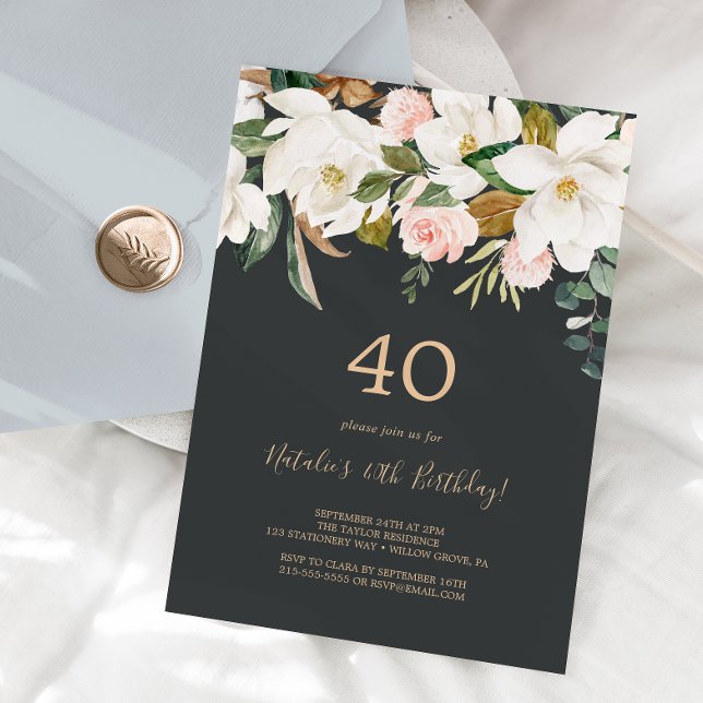 Invitación Magnolia elegante | 40 Aniversario de los blancos  (Subido por el creador)