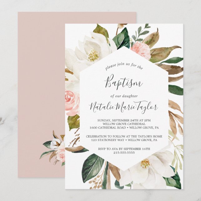 Invitación Magnolia elegante | Bautismo blanco y de Rubor (Anverso / Reverso)