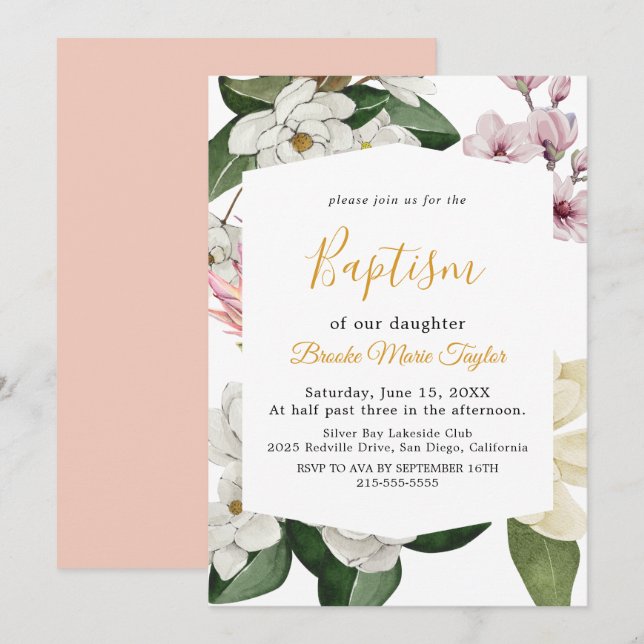 Invitación Magnolia elegante | Bautismo blanco y de Rubor (Anverso / Reverso)