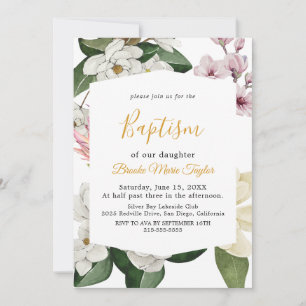 Invitación Magnolia Elegante Bautizo Blanco y Rosado