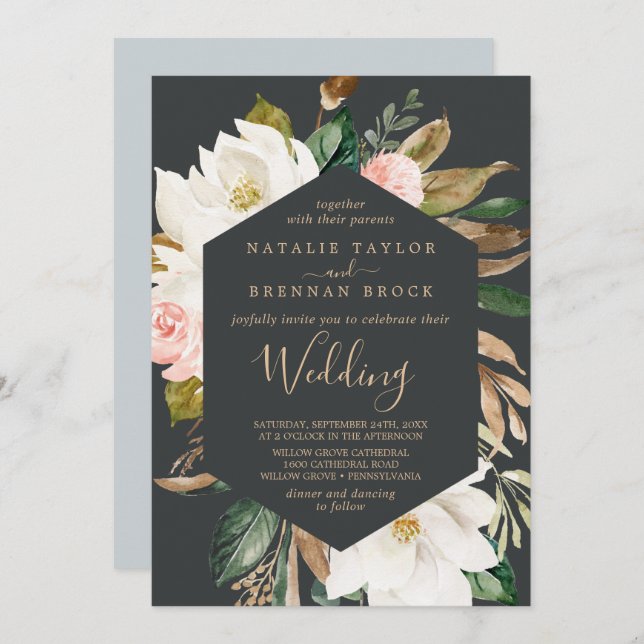 Invitación Magnolia elegante | Boda blanco y negro (Anverso / Reverso)