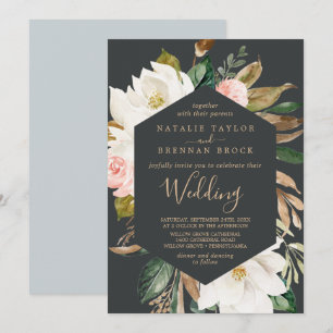 Invitación Magnolia elegante Boda blanco y negro