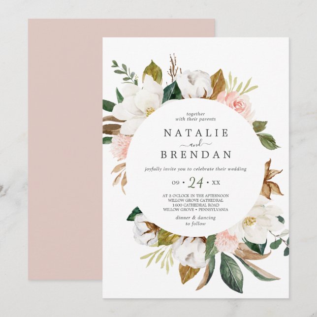 Invitación Magnolia elegante | Boda Casual Blanco y Rubor (Anverso / Reverso)