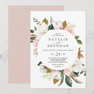Invitación Magnolia elegante | Boda Casual Blanco y Rubor