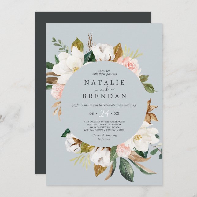 Invitación Magnolia elegante | Boda Casual Gris Azul (Anverso / Reverso)