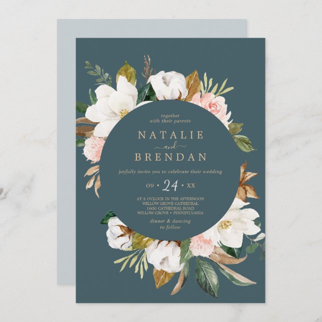 Invitación Magnolia elegante | Boda Casual Verde azulado y Bl (Anverso / Reverso)