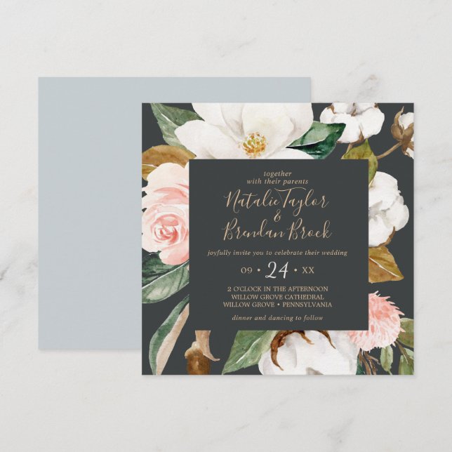 Invitación Magnolia elegante | Boda de la plaza blanca y negr (Anverso / Reverso)