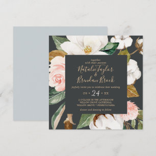 Invitación Magnolia elegante   Boda de la plaza blanca y negr