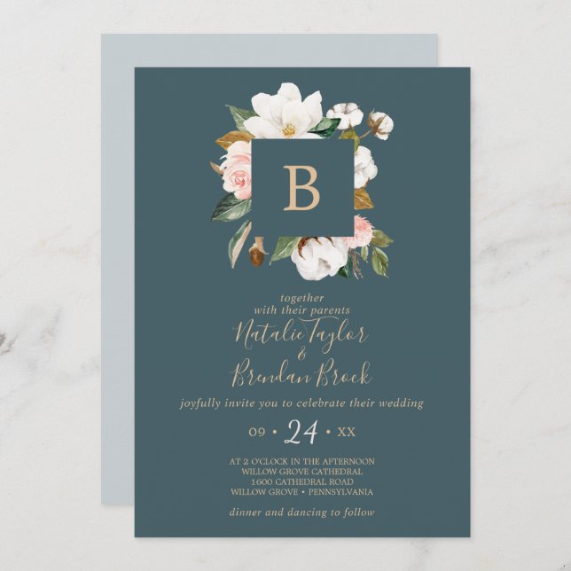 Invitación Magnolia elegante | Boda de monograma Verde azulad (Anverso / Reverso)