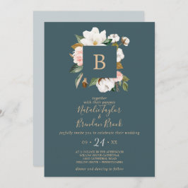 Invitación Magnolia elegante | Boda de monograma Verde azulad