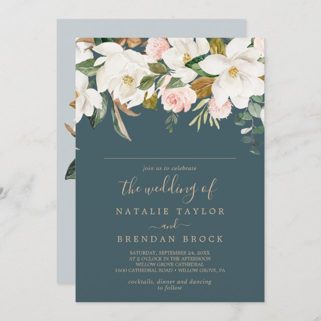 Invitación Magnolia elegante | Boda de nombre de invitado Ver (Anverso / Reverso)