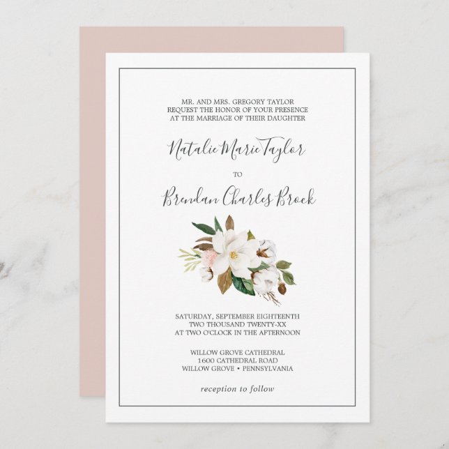 Invitación Magnolia elegante | Boda formal blanco y Rubor (Anverso / Reverso)