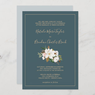 Invitación Magnolia elegante   Boda formal Verde azulado y bl