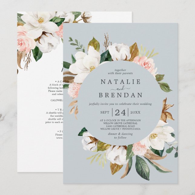 Invitación Magnolia elegante | Boda frontal y posterior gris  (Anverso / Reverso)