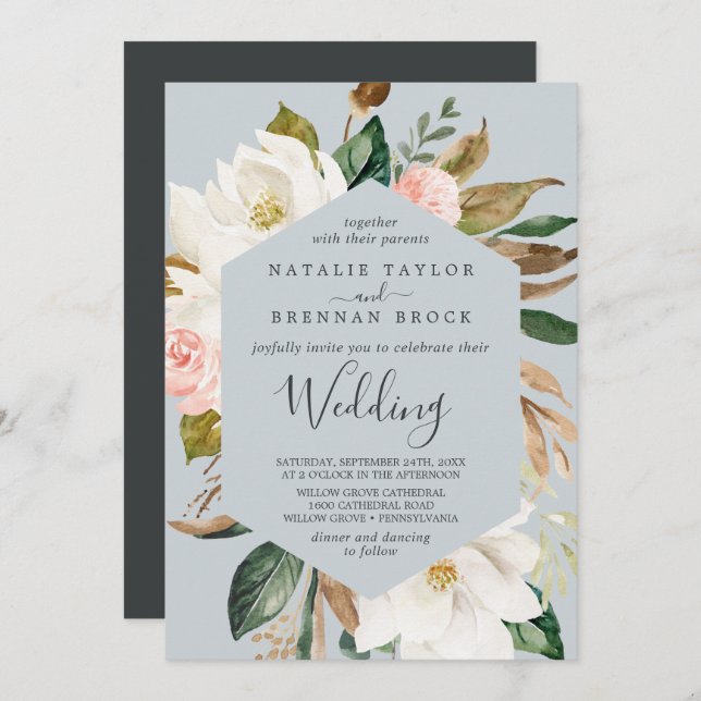 Invitación Magnolia elegante | Boda gris azul (Anverso / Reverso)