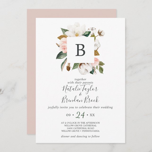 Invitación Magnolia elegante | Boda Monograma blanco y Rubor (Anverso / Reverso)